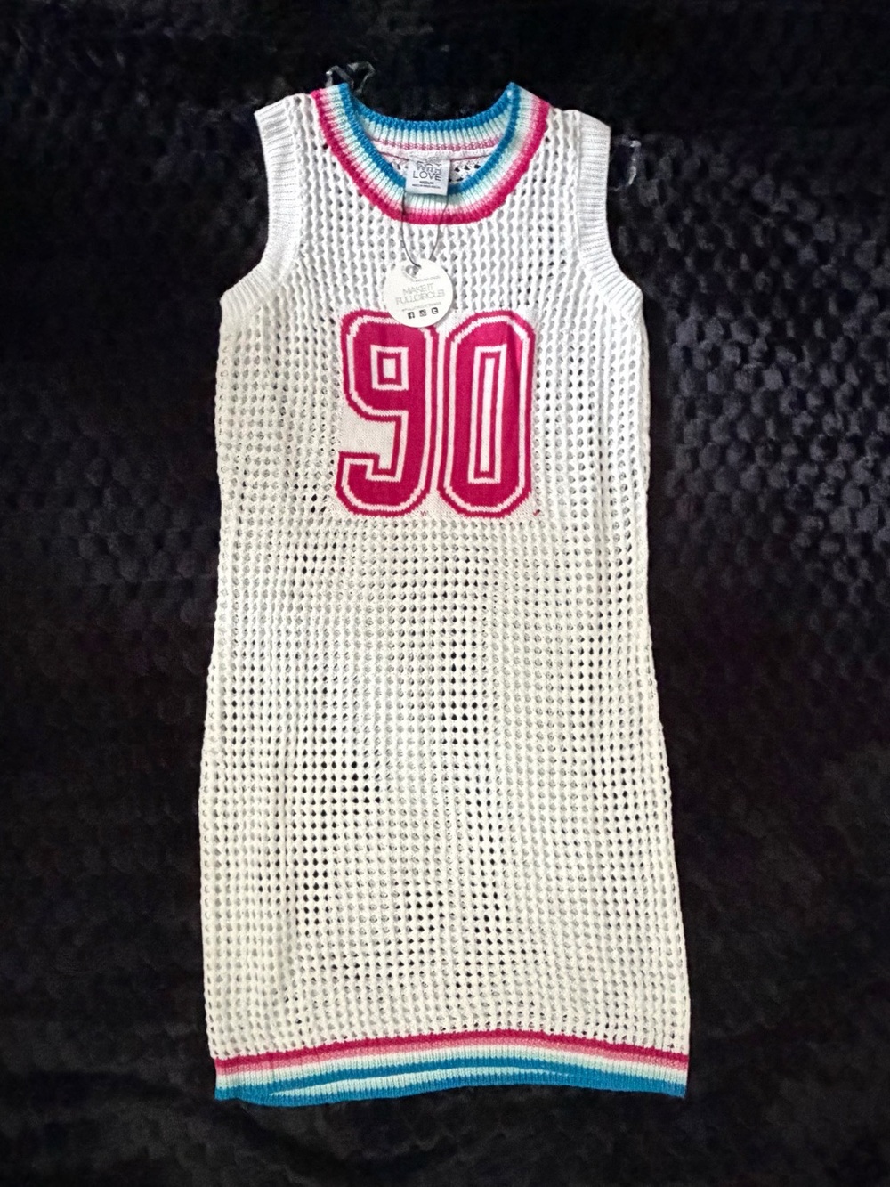 White Knit Tank Dress with Pink '90' Applique